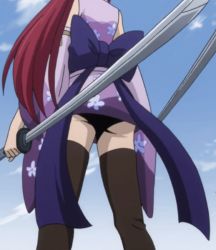 10s 1girl animated animated_gif ass ass_focus bare_shoulders breasts cloud convenient_censoring detached_sleeves erza_scarlet fairy_tail female_focus flower_print from_behind from_below hidden_face japanese_clothes katana kimono large_breasts no_bra no_panties ponytail red_hair ribbon shadow short_kimono sideboob sky solo standing sword talking thick_thighs thigh_focus thighhighs thighs weapon