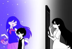 1boy 2girls :d ^_^ against_door antenna_hair apple banana bare_arms bare_shoulders basket black_background black_eyes black_hair black_tank_top blush bright_pupils brother_and_sister closed_eyes collared_shirt colored_skin cowboy_shot door doroidsan double-parted_bangs dress dual_persona elbow_carry food fruit gradient_background grapes hair_behind_ear hair_between_eyes holding holding_basket holding_picnic_basket long_hair mari_(faraway)_(omori) mari_(headspace)_(omori) mari_(omori) multiple_girls neckerchief omori omori_(omori) open_mouth orange_(fruit) parted_lips picnic_basket profile purple_background purple_hair purple_skirt purple_sweater_vest red_neckerchief shirt short_hair short_sleeves siblings simple_background skirt smile sparkle spoilers standing sweater_vest tank_top upper_body very_long_hair very_short_hair white_background white_dress white_pupils white_shirt white_skin