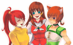3girls animal_ears aqua_eyes blue_eyes blush breasts brown_hair cat_ears child choker closed_eyes fire_emblem fire_emblem:_path_of_radiance fire_emblem:_radiant_dawn friends happy jill_(fire_emblem) laguz_(race) laughing lethe_(fire_emblem) lips long_hair miniskirt mist_(fire_emblem) multiple_girls nintendo open_mouth orange_hair ponytail purple_eyes red_hair scarf short_hair skirt smile wyvern_rider