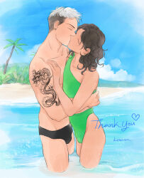 2boys beach black_hair brown_hair bulge crossdressing dragon_tattoo earrings in_water jewelry kiss lemicon medium_hair multicolored_hair multiple_boys original short_hair speedo swimsuit tattoo trap two-tone_hair very_short_hair white_hair yaoi