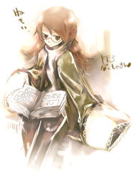 1girl bad_id black_thighhighs book book_on_lap brown_eyes brown_hair closed_mouth coat commentary_request final_fantasy final_fantasy_iii green_coat kei_(keigarou) long_hair long_sleeves open_book open_clothes open_coat red-framed_eyewear refia scholar_(final_fantasy) semi-rimless_eyewear sitting solo thighhighs twintails under-rim_eyewear zettai_ryouiki