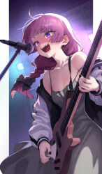 1girl absurdres arikacoco bachi bass_guitar black_bow black_jacket black_nails blunt_bangs blunt_ends blush bocchi_the_rock! bow braid breasts cleavage commentary dress earrings fingernails floating_hair green_dress hair_bow highres hiroi_kikuri holding holding_instrument instrument jacket jewelry long_fingernails long_hair long_sleeves medium_breasts microphone multicolored_jacket music nail_polish off_shoulder open_clothes open_jacket open_mouth outside_border pillarboxed playing_instrument plectrum puffy_long_sleeves puffy_sleeves purple_eyes purple_hair ringed_eyes sharp_teeth singing single_braid sleeveless sleeveless_dress solo stage_lights strap_slip stud_earrings symbol-only_commentary teeth two-tone_jacket white_jacket