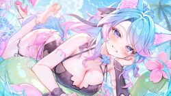 1girl alllisso animal_ears bare_shoulders black_one-piece_swimsuit blue_eyes blue_hair breasts cleavage commentary commission day detached_sleeves dutch_angle english_commentary flower gradient_hair grin head_rest high_heels high_ponytail highres large_breasts legs_up long_hair looking_at_viewer lying multicolored_hair on_stomach one-piece_swimsuit outdoors pink_flower pink_hair pink_sarong pink_shoes ponytail sarong shoes silvervale smile solo swept_bangs swimsuit tail the_pose two-tone_hair virtual_youtuber vshojo wet wolf_ears wolf_girl wolf_tail