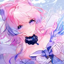 1girl bare_shoulders blue_bow blue_choker blue_gemstone blue_hair bow bow-shaped_hair choker closed_mouth collarbone creature gem genshin_impact gloves gradient_hair hands_up hashtag-only_commentary highres hiranmayi long_hair looking_at_viewer multicolored_hair pink_hair purple_eyes sangonomiya_kokomi sidelocks solo striped_bow underwear upper_body white_gloves