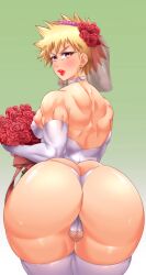 1boy ass bakugou_katsuki blonde_hair boku_no_hero_academia butt_crack clothes collar crossdressing earrings elbow_gloves flower gloves gradient_background highres huge_ass jewelry lips lipstick looking_back makeup male_focus muscular muscular_male panties penis piercing red_eyes red_flower short_hair small_penis solo solo_focus suiren_ciao testicles thighhighs underwear white_panties