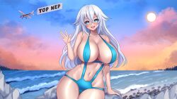 1girl aqua_eyes arm_up beach bikini black_heart_(neptunia) blush breasts choujigen_game_neptune cloud dimension252525 hair_between_eyes highres large_breasts long_hair looking_at_viewer midriff navel neptune_(series) noire_(neptunia) open_mouth outdoors shiny_skin sitting sky smile stomach sun sunlight swimsuit symbol-shaped_pupils white_hair