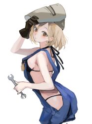 1girl bikini black_bikini black_gloves blonde_hair blush breasts brown_eyes from_side gloves highres holding holding_wrench looking_at_viewer medium_breasts medium_hair momokan_(kandume200) original sideboob sideless_outfit simple_background single_glove solo swimsuit welding_mask white_background wrench