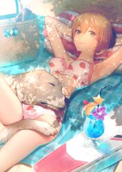 1girl aned_(fate) animal animal_on_stomach armpits arms_behind_head bare_arms bare_shoulders basket beach bikini blonde_hair blush_stickers breasts breasts_apart cherry closed_mouth dappled_sunlight dog drink drinking_straw fate/grand_order fate_(series) feet_out_of_frame flower food food_print fruit fruit_print game_cg gareth_(fate) gareth_(swimsuit_saber)_(fate) gareth_(swimsuit_saber)_(second_ascension)_(fate) garnish golden_retriever green_eyes hair_between_eyes ice ice_cube knee_up looking_at_viewer lying medium_breasts nekotawawa official_art on_back orange_(fruit) orange_slice pink_bikini poco_grande_glass print_bikini purple_flower sand short_hair smile solo star_(symbol) strawberry_print sunlight swimsuit third-party_source towel tropical_drink white_bikini