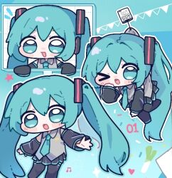 1girl black_skirt black_sleeves blue_eyes blue_hair chibi chibi_only collar detached_sleeves grey_shirt hair_ornament hatsune_miku headphones headset looking_at_viewer miratsu_(miratsu169) necktie shirt skirt smile twintails vocaloid