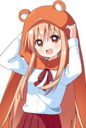 1girl :d arms_up blonde_hair blush commentary commission cowboy_shot doma_umaru dot_nose hamster_costume haru_(konomi_150) highres himouto!_umaru-chan long_hair long_sleeves looking_at_viewer neck_ribbon open_mouth orange_eyes pixiv_commission pleated_skirt red_ribbon red_skirt ribbon shirt simple_background skirt smile solo very_long_hair white_background white_shirt