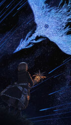 1girl animal ankle_boots belt_pouch bird boots brown_coat brown_footwear brown_hair brown_pants coat commentary_request dutch_angle fringe_trim from_behind from_below glowing glowing_animal grass highres holding holding_staff hood hood_down hooded_coat lantern long_sleeves meteor_shower nature night night_sky original outdoors oversized_animal pants pouch short_hair sky staff standing star_(sky) stargazing starry_sky watari_taichi