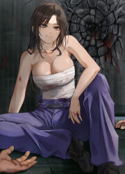 1girl 2boys absurdres after_battle armpits black_hair blood blood_on_arm blood_on_hands breasts broken_wall chest_harness cleavage collarbone daiko_(dai1974910) harness highres idolmaster idolmaster_cinderella_girls knee_up large_breasts light_smile long_hair mukai_takumi multiple_boys pants purple_pants sitting solo solo_focus straight_hair
