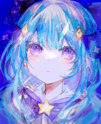 Rule 34 | 1girl, absurdres, blue hair, blue theme, bow, brooch, highres, irodori warabi, jewelry, long hair, looking at viewer, original, parted lips, purple bow, purple eyes, solo, star brooch, teeth, upper body