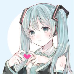 1girl aqua_eyes aqua_hair bare_shoulders black_sleeves blue_background blue_nails blue_necktie blush breasts closed_mouth commentary_request detached_sleeves double-parted_bangs fingernails frilled_shirt frilled_shirt_collar frills hair_between_eyes hair_ornament hair_over_shoulder hands_up hatsune_miku headset heart long_hair nail_polish necktie number_tattoo shirt shoulder_tattoo sleeveless sleeveless_shirt small_breasts smile solo tattoo tententuyu twintails upper_body vocaloid