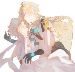 1boy 1girl aether_(genshin_impact) ahoge arm_armor bare_shoulders black_gloves blonde_hair braid brother_and_sister closed_eyes closed_mouth dress earrings florance flower genshin_impact gloves hair_between_eyes hair_ornament highres holding jewelry long_hair long_sleeves lumine_(genshin_impact) lying romper scarf shirt short_hair short_hair_with_long_locks siblings sidelocks single_braid single_earring sleeping white_dress white_flower white_romper white_scarf