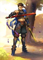 1boy arm_at_side armor armored_boots asymmetrical_sleeves azusa_(hws) beagalltach_(fate) belt belt_buckle black_boots black_gloves blue_armor blue_cape boots bracer breastplate brown_belt brown_hair buckle cape closed_mouth cowlick crop_top diarmuid_ua_duibhne_(fate) diarmuid_ua_duibhne_(saber)_(fate) dual_wielding fate/grand_order fate_(series) full_body gloves green_shorts hair_between_eyes hair_slicked_back hand_up hip_armor holding holding_sword holding_weapon long_sleeves looking_at_viewer male_focus medium_hair midriff moralltach_(fate) muscular muscular_male navel official_art orange_eyes partially_fingerless_gloves pauldrons shorts shoulder_armor side_cape single_bare_shoulder single_pauldron sleeveless smile solo standing sword third-party_source tree variant_set weapon