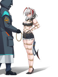 1boy 1girl absurdres antenna_hair arknights arms_behind_back bdsm black_gloves bound bound_arms bound_legs bound_tail breasts demon_girl demon_horns demon_tail doctor_(arknights) full_body gloves grey_hair high_heels highres horns medium_breasts red_eyes second-party_source shibari shibari_over_clothes shinebell shorts standing tail tying w_(arknights) white_background wis&#039;adel_(arknights)