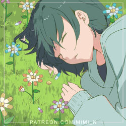 1girl flower grass green_hair green_sweater leaf mimi_n original pill shirt short_hair sleeping solo sweater upper_body