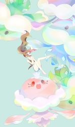 10s 1girl :o alternate_color alternate_form aqua_background bad_id bad_pixiv_id bare_legs barefoot blue_eyes brown_hair creature creatures_(company) crown cutoffs denim denim_shorts floating game_freak gen_5_pokemon hilda_(pokemon) jellicent jellyfish long_hair nintendo no_headwear own_hands_together pokemon pokemon_(creature) pokemon_bw ponytail shiny_pokemon shorts simple_background todamoto vest