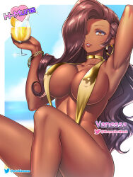 1girl bad_id bad_twitter_id bikini bracelet breasts brown_hair choker cleavage cup dark-skinned_female dark_skin earrings etchimune gold gold_bikini hair_over_one_eye holding holding_cup jewelry large_breasts lipstick long_hair looking_at_viewer makeup original slingshot_swimsuit solo swimsuit thick_thighs thighs vanessa_(live_for_the_funk) yellow_eyes