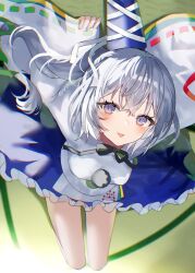 Rule 34 | 1girl, blonde hair, blue headwear, blue skirt, blush, breasts, frilled skirt, frills, hair between eyes, hat, highres, japanese clothes, kariginu, long hair, long sleeves, looking at viewer, medium breasts, mononobe no futo, pom pom (clothes), purple eyes, ribbon-trimmed sleeves, ribbon trim, sakizaki saki-p, skirt, tatami, tate eboshi, tongue, tongue out, touhou, twitter username, wide sleeves