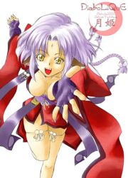 Rule 34 | 1girl, 2000, 2000s (style), bad id, braid, breasts, diabolique, dress, feet out of frame, fingerless gloves, gekki (diabolique), gloves, long hair, looking at viewer, medium breasts, open mouth, pointy ears, purple gloves, purple hair, reaching, reaching towards viewer, red dress, simple background, slit pupils, smile, solo, standing, standing on one leg, tachibana sakuya (matsurika), twin braids, white background, yellow eyes