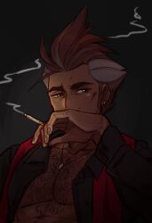 Rule 34 | 1boy, cabanela, chest hair, cigarette, dark background, earrings, facial hair, fungiidraws, ghost trick, grey hair, hand up, holding, holding cigarette, jewelry, long sleeves, looking at viewer, male focus, mature male, multicolored hair, necklace, open clothes, open shirt, sideburns, smoking, solo, spiked hair, streaked hair, stubble