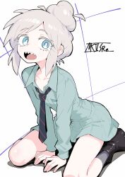 1girl absurdres aqua_shirt black_necktie black_shoes blue_eyes boots collared_shirt commentary_request deux_murasame freckles full_body grey_socks gundam gundam_gquuuuuux hair_bun highres light_blush long_sleeves looking_at_viewer mk2s_re necktie open_mouth seiza sharp_teeth shirt shoes sidelocks signature simple_background single_hair_bun sitting socks solo teeth upper_teeth_only white_background white_hair