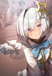 Rule 34 | 1girl, absurdres, amane kanata, amane kanata (1st costume), angel, angel wings, armband, blue bow, blush, bob cut, bow, bowtie, closed mouth, commentary request, day, feathered wings, from above, halo, highres, hinemos notari, hololive, house, light smile, long sleeves, looking at viewer, manhole cover, outdoors, photo background, purple eyes, sailor collar, shuriken hair ornament, solo, standing, star halo, upper body, utility pole, virtual youtuber, walking, white hair, white wings, wings, yellow armband