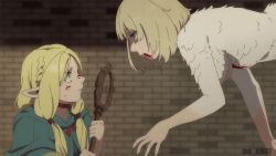 Rule 34 | 2girls, ambrosia (dungeon meshi), animated, animated gif, bleeding, blood, blood on face, blush, body fur, breasts, chimera, dungeon meshi, elf, falin touden, falin touden (chimera), fangs, feathers, grabbing another&#039;s face, head grab, ink gmbt, large breasts, licking, licking another&#039;s face, looking at another, mage staff, marcille donato, medium breasts, monster girl, multiple girls, pointy ears, spoilers, staff, white feathers, yuri