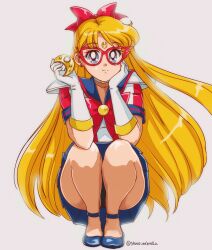 1girl aino_minako bishoujo_senshi_sailor_moon blonde_hair blue_eyes bow gloves highres long_hair looking_at_viewer magical_girl mask miniskirt panties red_bow sailor_v skirt squatting stone_umbrella underwear upskirt very_long_hair