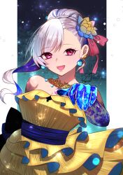 1girl :d absurdres bare_arms bare_shoulders belt blue_belt blue_hands braid braided_bun breasts collarbone colored_inner_hair dress earrings fate/grand_order fate_(series) flower full_body hair_between_eyes hair_bun hair_ornament hair_ribbon highres jewelry kama_(fate) kama_(fgo_fes._2025)_(fate) large_breasts long_hair looking_at_viewer lotus lotus_hair_ornament magatama magatama_necklace multicolored_hair necklace open_hand open_mouth outstretched_hand pink_lips reaching reaching_towards_viewer red_eyes red_ribbon ribbon ringo2156 sleeveless sleeveless_dress smile solo standing star_(sky) starry_hair starry_sky_background two-tone_hair white_hair yellow_dress