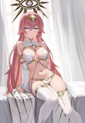 Rule 34 | 1girl, absurdres, ahoge, armlet, bare shoulders, between breasts, bikini, blue eyes, braid, breasts, circlet, cleavage, clip studio paint (medium), commentary, covered collarbone, detached sleeves, epic seven, gold trim, hair between eyes, hair flaps, halo, highres, indoors, ir who, jewelry, long hair, looking at viewer, medium breasts, navel, on bed, parted lips, pink hair, revealing clothes, shadow, sidelocks, sitting, sleeveless, solo, stomach, strap between breasts, swimsuit, tenebria (epic seven), thighhighs, very long hair, white bikini, white sleeves, white thighhighs, wide sleeves, witch of the mere tenebria (epic seven)