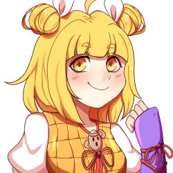 1girl blonde_hair blush bow dress hanaarts hand_up haniwa_(statue) joutouguu_mayumi looking_at_viewer puffy_short_sleeves puffy_sleeves red_bow red_neckwear short_hair short_sleeves simple_background smile solo touhou white_background white_sleeves yellow_dress yellow_eyes