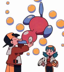 1boy 1girl :d backwards_hat bike_shorts black_hair closed_eyes commentary cropped_jacket ethan_(pokemon) flipped_hair game_boy game_boy_color game_link_cable gen_2_pokemon green_hair handheld_game_console hat holding holding_handheld_game_console jacket kris_(pokemon) long_sleeves nintendo open_mouth pokemon pokemon_gsc porygon2 red_jacket red_shirt shirt short_hair shorts smile symbol-only_commentary tyako_089 white_background yellow_hat
