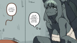 1boy 1girl artist_name blush breasts cleavage colored_sclera colored_skin commentary demon_ears demon_horns demon_tail dress english_commentary english_text frown gargoyle gomulgong grey_eyes grey_hair grey_sclera grey_skin half-closed_eye highres horns indoors large_breasts long_hair original parted_lips pointy_ears solo_focus speech_bubble squatting sweat sweatdrop tail thighs thought_bubble twitter_username v-shaped_eyebrows white_dress