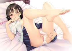 1girl anus bandaid bandaid_on_pussy bare_legs barefoot bed bed_sheet black_hair black_skirt blush breasts clothing_aside collared_shirt commentary_request dress_shirt feet finger_to_mouth hair_ornament hairclip knee_up koutaro leg_up looking_at_viewer lying medium_breasts nipples on_back on_bed open_clothes open_shirt original paid_reward_available panties panties_aside parted_lips partially_visible_vulva pillow pleated_skirt red_eyes school_uniform shirt short_sleeves skirt solo thighs toes underwear white_panties white_shirt