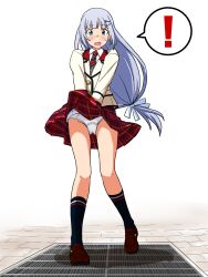 Rule 34 | !, 1girl, black shoes, black socks, blazer, blue eyes, blue ribbon, blush, brick floor, clothes lift, commentary request, crotch seam, dress shirt, frown, full body, grate, grey hair, hair ornament, hair ribbon, hairclip, highres, idolmaster, idolmaster million live!, jacket, kneehighs, lielos, loafers, long hair, looking at viewer, low-tied long hair, miniskirt, neckerchief, open mouth, panties, pantyshot, partial commentary, plaid clothes, plaid skirt, pleated skirt, red neckerchief, red skirt, ribbon, school uniform, shiraishi tsumugi, shirt, shoes, simple background, skirt, skirt lift, skirt tug, socks, solo, speech bubble, spoken exclamation mark, standing, sweatdrop, underwear, very long hair, white background, white jacket, white panties, white shirt, wind, wind lift