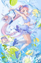 Rule 34 | 1girl, absurdres, animal print, bag, blue hair, blue shirt, blue shoes, blue skirt, bottle, bow, bright pupils, character doll, colored tips, doll, fish print, floating hair, food, fruit, full body, genshin impact, hair bow, highres, holding, holding bag, holding bottle, ice, ice cube, issign, kneehighs, lemon, lemon slice, long hair, looking at viewer, multicolored hair, official alternate costume, official alternate hairstyle, open mouth, pink hair, ponytail, sangonomiya kokomi, sangonomiya kokomi (pulse+), shirt, shoes, skirt, sleeveless, sleeveless shirt, smile, socks, solo, very long hair, visor cap, water, white pupils, white socks