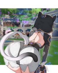 1girl absurdres animal_ears animal_hood ass backless_leotard bent_over black_gloves black_hood black_leotard breasts cat_ears cat_girl cat_hood cat_tail cipher_(honkai:_star_rail) from_behind game_screenshot_background gloves grey_hair highres holding honkai:_star_rail honkai_(series) hood hooded_leotard huge_ass large_breasts leotard letterboxed outline outside_border screenshot_background shorts solo tail vincent_leo white_outline white_shorts