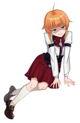 1girl absurdres ahoge arm_strap belt black_corset brown_shoes chinese_commentary clenched_teeth commentary_request corset full_body green_eyes highres kneehighs loafers long_sleeves looking_at_viewer loose_belt mushoku_tensei neck_ribbon norn_greyrat orange_hair pleated_skirt ranoa_magic_academy_school_uniform red_ribbon red_skirt ribbon sanpaku school_uniform shaded_face shirt shoes short_hair simple_background skirt socks solo teeth user_skwc5555 white_background white_shirt white_socks