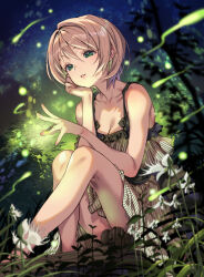 1girl bare_legs bare_shoulders breasts bug cleavage dress fireflies firefly flower green_eyes grey_dress insect kink_(tortoiseshell) light_brown_hair light_smile nature night original outdoors parted_lips short_hair sitting sky sleeveless sleeveless_dress small_breasts solo star_(sky) starry_sky