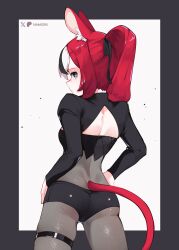 1girl absurdres alternate_costume animal_ears ass bandeau black_hair black_shrug blackberry_baelz blue_eyes bodystocking breasts commentary from_behind hakos_baelz hands_on_own_hips high_ponytail highres hololive hololive_english long_sleeves looking_at_viewer looking_back median_furrow medium_breasts mouse_ears mouse_girl mouse_tail multicolored_hair namiorii ponytail red_hair short_shorts shorts shrug_(clothing) solo streaked_hair symbol-only_commentary tail thigh_strap virtual_youtuber white_hair