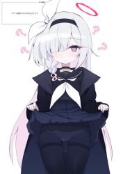 1girl ? @_@ black_choker black_coat black_eyes black_hairband black_pantyhose black_sailor_collar black_serafuku blue_archive blush braid choker clothes_lift coat colored_inner_hair commentary hair_over_one_eye hairband halo highres kurosaki_kousuke lifting_own_clothes long_hair long_sleeves multicolored_hair neckerchief panties panties_under_pantyhose pantyhose pink_hair plana_(blue_archive) red_halo ribbon sailor_collar school_uniform serafuku simple_background single_braid skirt skirt_lift solo thighband_pantyhose underwear very_long_hair white_background white_hair white_neckerchief white_ribbon