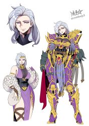 1girl :d animal_print aquila_(symbol) armlet armor bird breasts circlet cleavage cleavage_cutout closed_mouth clothing_cutout contrapposto eagle emperor&#039;s_children fulgrim gauntlets genderswap genderswap_(mtf) greaves grey_hair highres holding holding_sword holding_weapon imperial_aquila jewelry large_breasts leopard_print long_hair looking_at_viewer mole mole_under_eye multiple_views open_mouth pauldrons pelt pelvic_curtain power_armor primarch purple_eyes ryuusei_(mark_ii) shoulder_armor signature simple_background smile smug sword thighs warhammer_40k weapon white_background white_hair