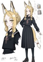 1girl animal_ear_fluff animal_ears black_pantyhose black_sailor_collar black_serafuku black_skirt blonde_hair braid braided_bun choker closed_mouth fox_ears fox_girl fox_tail hair_bun hair_ribbon highres loafers long_sleeves multiple_views nito_(nshtntr) original pantyhose pleated_skirt red_ribbon ribbon sailor_collar school_uniform serafuku shoes sidelocks simple_background single_hair_bun skirt standing tail translation_request twitter_username white_background yellow_eyes