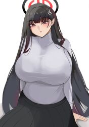 1girl absurdres alternate_breast_size black_hair black_halo blue_archive blush breasts bright_pupils edelweiss17701 hair_ornament hairclip hairpin halo highres huge_breasts large_breasts long_hair looking_at_viewer multicolored_halo open_mouth original pixiv red_eyes rio_(blue_archive) seminar_(blue_archive) simple_background solo sweater two-tone_halo white_background white_pupils white_sweater