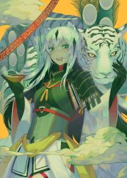 1girl 2022 animal_ears arm_guards armor bamboo banner black_hair chinese_new_year chinese_zodiac cloud dated diamond-shaped_pupils diamond_(shape) fate/grand_order fate_(series) food gauntlets gloves hakama hakama_skirt japanese_armor japanese_clothes long_hair looking_at_viewer multicolored_hair nagao_kagetora_(fate) sidelocks simple_background skirt solo_focus soup streaked_hair symbol-shaped_pupils tiger tiger_ears traditional_clothes upper_body white_hair white_tiger wiltedattention year_of_the_tiger