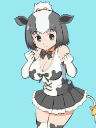 1girl :d animal_ears animal_print animated animated_gif arm_up bad_id bad_pixiv_id bell black_bow black_bowtie black_hair black_skirt blinking blue_background bouncing_breasts bow bowtie breasts choker cleavage clenched_hands commentary_request cow_ears cow_girl cow_print cow_print_thighhighs cow_tail elbow_gloves frilled_skirt frills gloves grey_eyes grey_hair hands_up happy holstein_friesian_cattle_(kemono_friends) jumping kemono_friends large_breasts light_blush multicolored_hair ogata_nakkuru open_mouth print_thighhighs shirt short_hair simple_background skirt sleeveless sleeveless_shirt smile solo tail tail_bell tail_bow tail_ornament tail_wagging thighhighs third-party_source topknot two-tone_hair ugoira_conversion white_hair white_tail