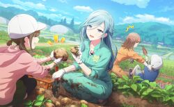 Rule 34 | 1boy, 3girls, :d, ^^^, ^ ^, black shoes, blue eyes, blue shirt, blue sky, braid, brown hair, carrot, closed eyes, cloud, colorful palette, dirt, dirty, dirty clothes, game cg, gloves, green pants, green shirt, grey shorts, hair between eyes, hair ornament, hanasato minori, hat, highres, hinomori shizuku, holding, holding carrot, holding potato, holding trowel, leaf, looking at viewer, low twintails, multiple girls, official art, open mouth, pants, project sekai, re-tie friendship (project sekai), shirt, shoes, shorts, sky, smile, third-party source, twintails, white gloves, white hat